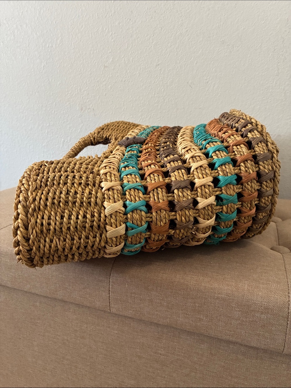 Capelli Straworld Inc.   Tote Beach Market Bag Natural Browns & Turquoise - Picture 5 of 8